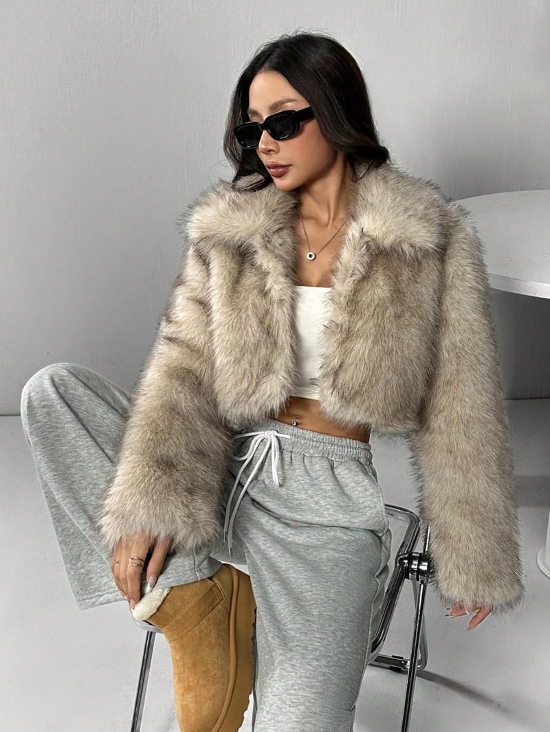 Women’s Faux Fox Fur Jacket – Trendy Winter Coat With Ombre Effect (S-XXL, Black/Tan/White, Plush Collar, Thickened Warmth,Machine Washable)_voghion.com