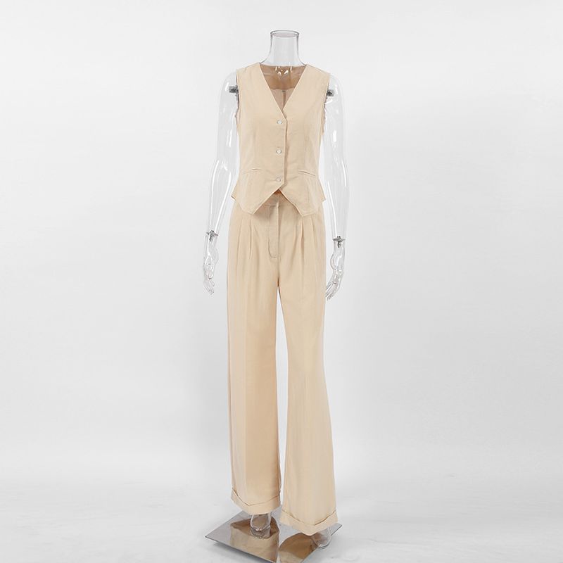 Completo da donna in cotone e lino senza maniche, gilet e pantaloni da donna, set due pezzi moda casual da donna_voghion.com