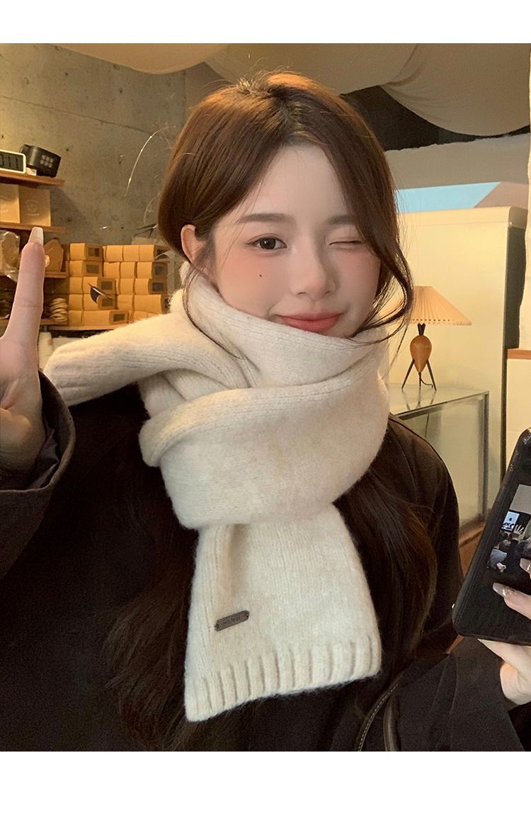 Scarf 2025 New Women's Winter Korean Style Knitted Wool Solid Color Anti-cold Thickened Warm High-end Feeling Warm Neck Scarf_voghion.com