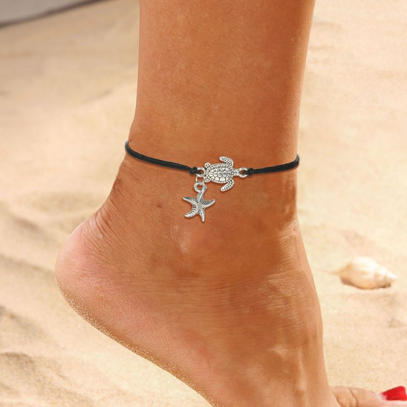 New Bohemian minimalist black line alloy turtle and starfish ankle chains_voghion.com