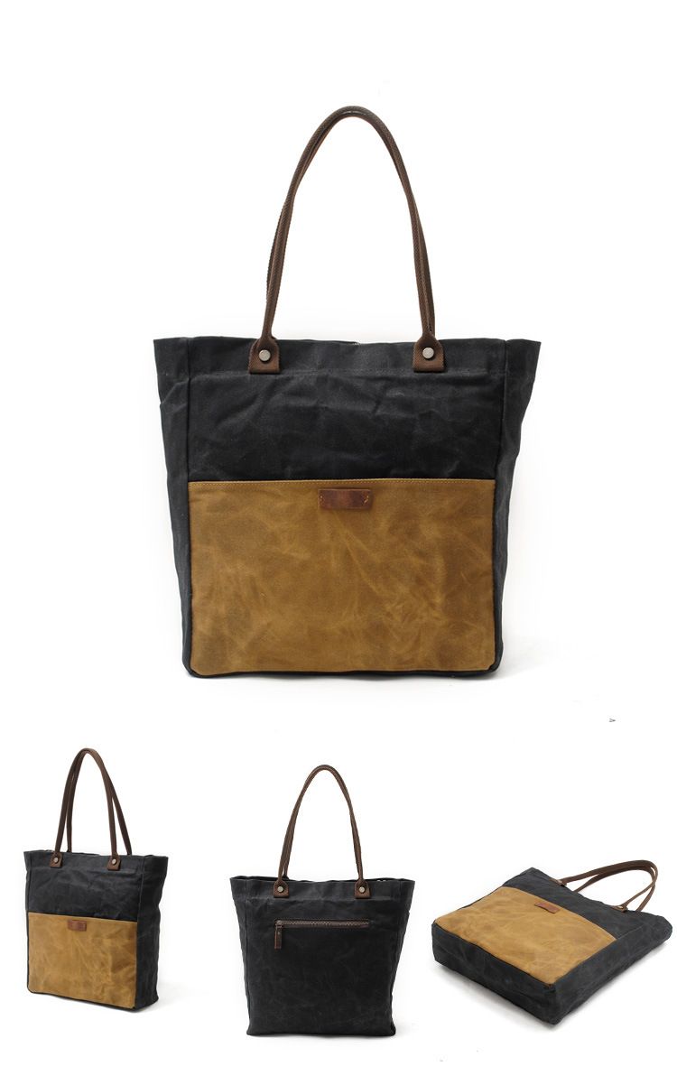 Korean style fashion new oil wax canvas women's bag simple waterproof cloth bag retro contrast color shoulder bag portable shopping bag_voghion.com