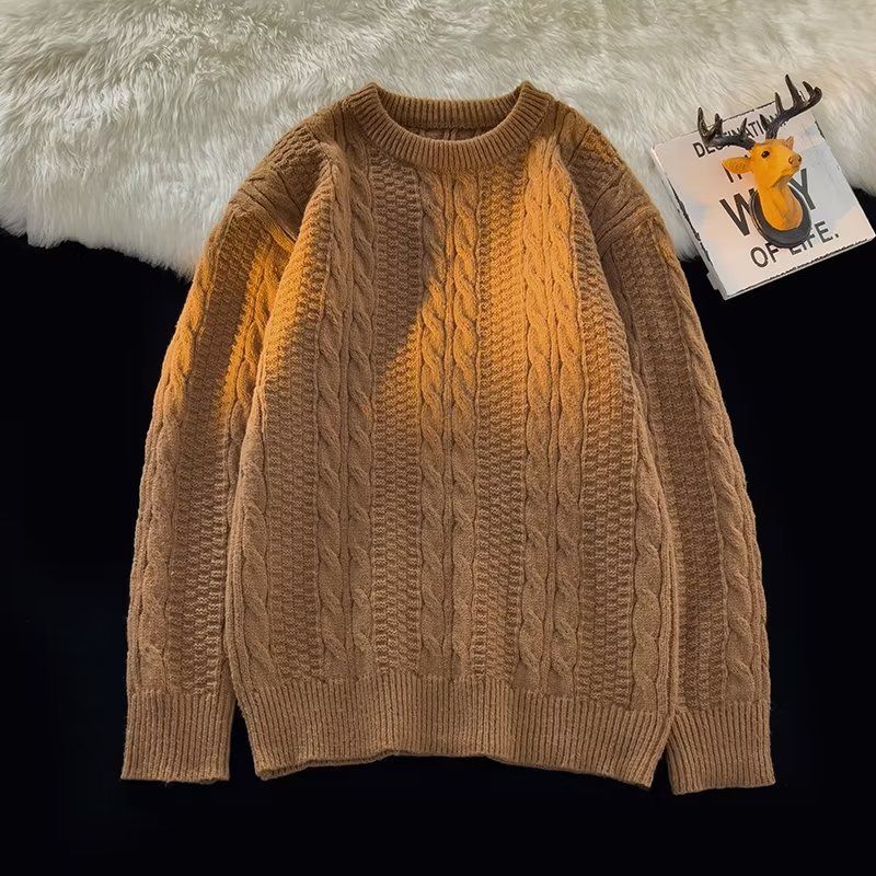 Men's Cable Knit Sweater – Oversized Streetwear With Crew Neck, Retro Textured Design & Drop Shoulder For Winter_voghion.com