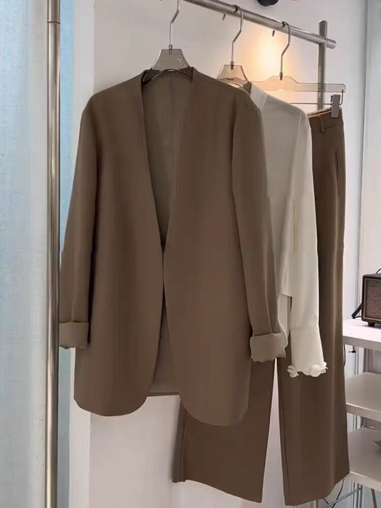 Conjunto de traje de talla grande para mujer, primavera y otoño, holgado, informal, formal, de dos piezas, con pantalones anchos y blazer pequeño._voghion.com