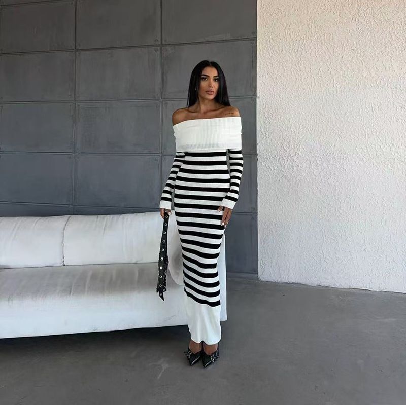 Abito lungo in maglia da donna, alla moda, lungo, con spalle scoperte, a coste, ampio, a vita alta, elegante, abito da festa autunnale_voghion.com