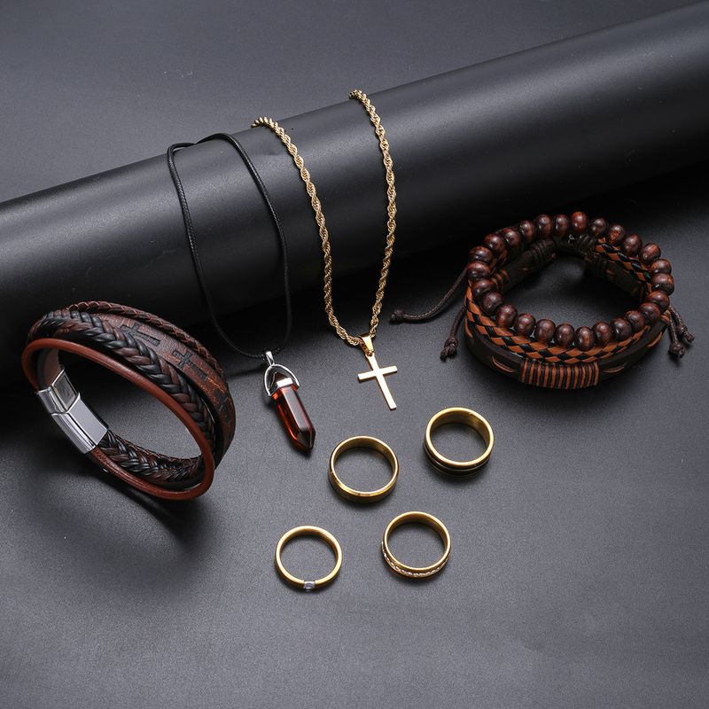 Beliebtes handgewebtes Herrenarmband im Retro-Leder mit Perlenarmband und High-End-Ring-Halsketten-Set_voghion.com