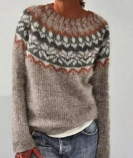 Damenbekleidung, modischer Strickpullover mit Rundhalsausschnitt, Farbblock, lockere Passform, lässige Oberteile_voghion.com