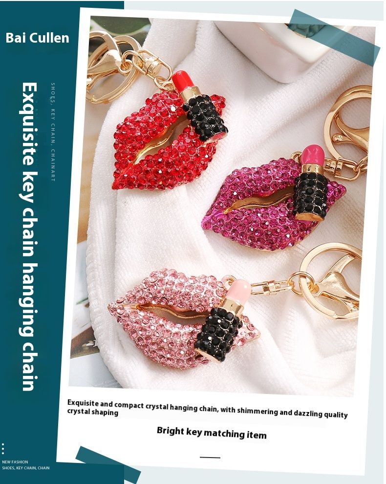 New European And American Diamond Lipstick Pendant Metal Keychain 3D Lipstick Bag Keychain Small Gift_voghion.com