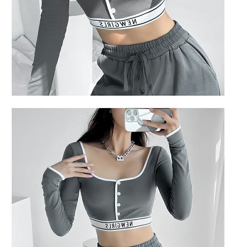 【】Letter elastischer Saum Farbblockbesatz Langarm Quadratischer Ausschnitt Slim Fit Schlankmachendes Hot Girl Top_voghion.com