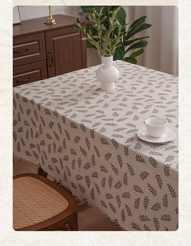 Cotton-Polyester Tablecloth With Willow Leaf Pattern - Rustic Farmhouse Rectangular Table Cover For Dining & Study (Dustproof, Decorative)_voghion.com