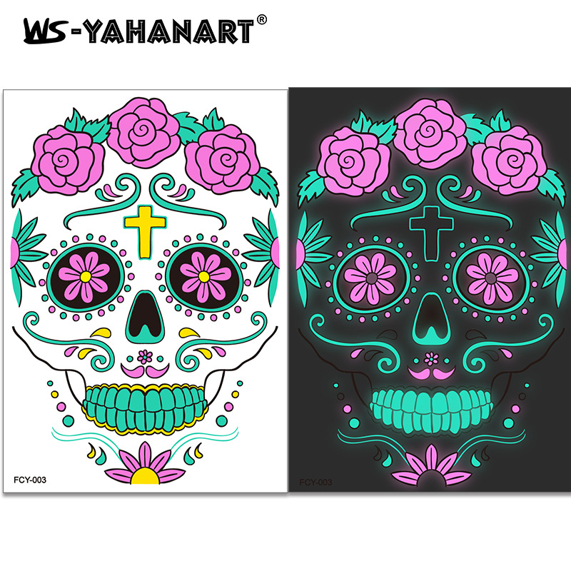 Roligt halloween-tatueringsansikte i två färger med glöd-i-mörkret med Day of the Dead scar-tatueringsklistermärke_voghion.com