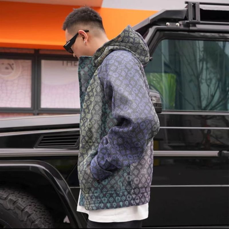 Herrenbekleidung Neuer Sonnenschutzanzug für Frühling und Sommer Neon-Farbverlaufsgitter Persönlichkeitsdesign Trendy All-Match Atmungsaktive Jacke Shorts_voghion.com