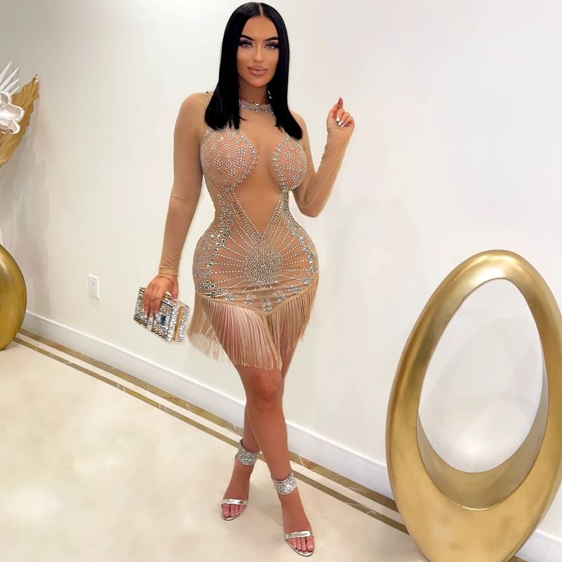 Ženska oblačila, modna in seksi mrežasta obleka z resicami in resicami z dolgimi rokavi_voghion.com
