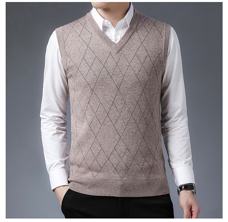 Colete masculino sem mangas com decote em V e mistura de lã - Padrão xadrez e camuflagem, corte slim, pulôver casual para o outono_voghion.com