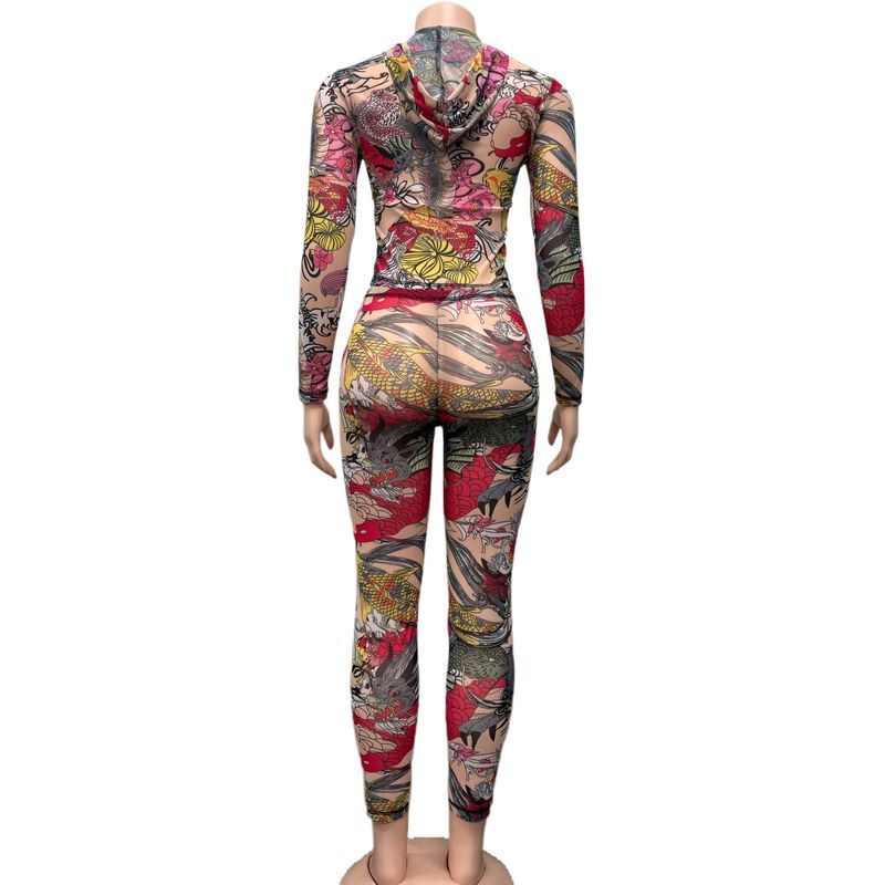 Women's Printed Hooded Zip-up Top & Pants Set - Stylish Streetwear Two-piece Outfit With Animal & Floral Patterns (Red, S/M/L)_voghion.com