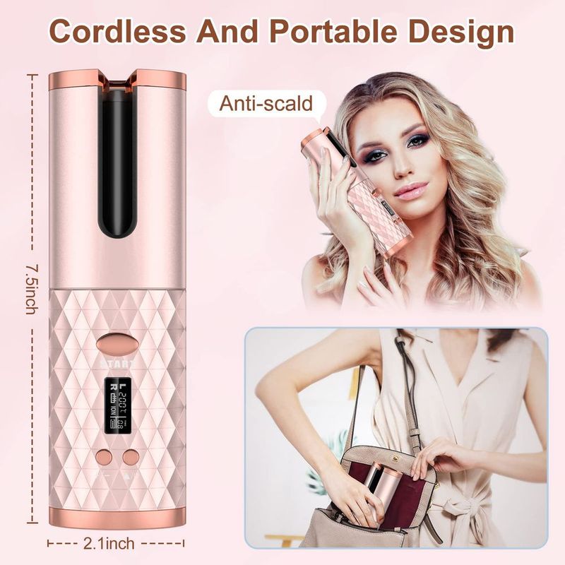 Portable Automatic Hair Curler, Ceramic Rotating Wireless Auto Curling Iron Wand, Portable USB Rechargeable Spin Curler For Hair Styling_voghion.com