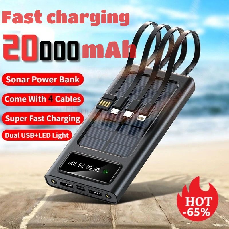 20000 MAh Solar Bank Large Capacity Mobile Power Fast Charging Battery With Dual USB 4 Cables For IPhone Samsung_voghion.com