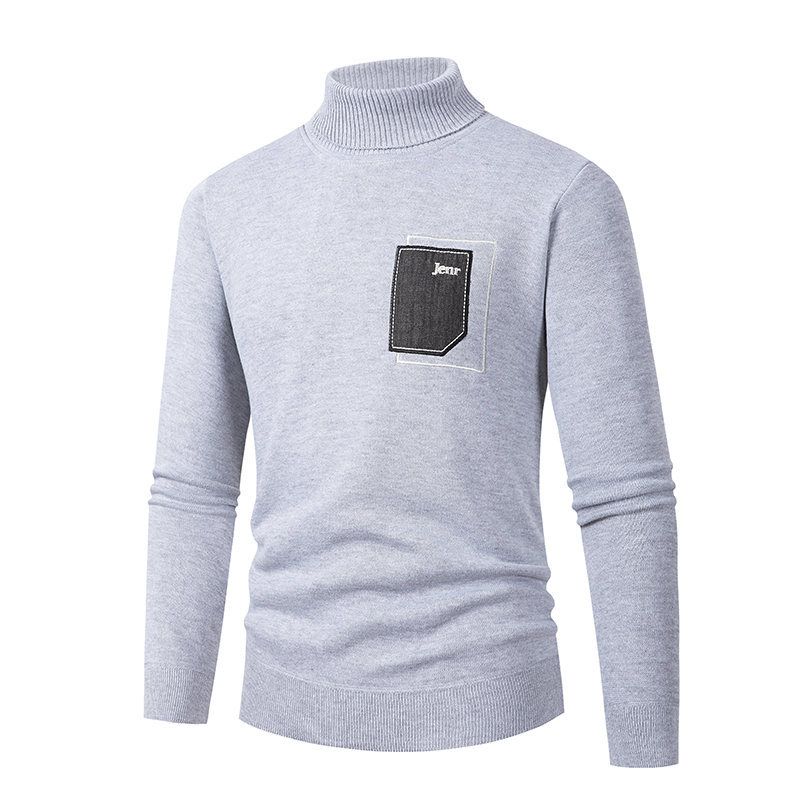 Men's High Neck Knit Sweater With Patchwork Design, Fleece-Lined Warm Pullover For Autumn Winter, Slim Fit Casual Comfortable Tops_voghion.com