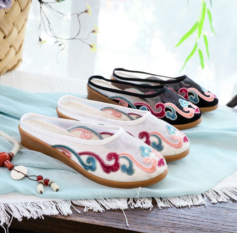 Slippers, Mesh Embroidered Fabric Shoes, Summer Cow Tendon Soles, Casual Women's Outerwear Sandals_voghion.com