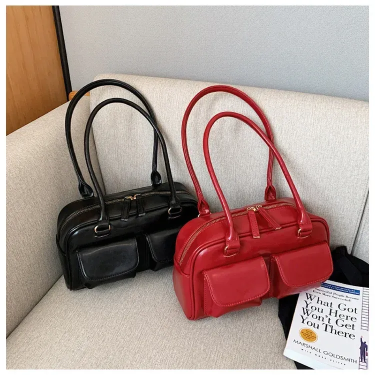 Borsa a tracolla da donna rossa retrò, in pelle verniciata, multitasche, da donna, a tracolla, sottobraccio, tote bag_voghion.com