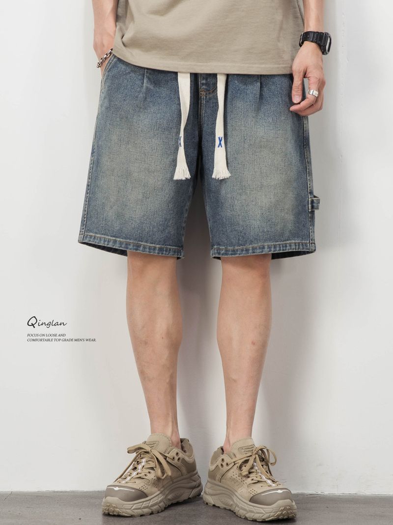Men’s Distressed Denim Shorts – Retro Washed Elastic Waist 5-Inch Inseam, Loose Fit Streetwear For Summer (Light Blue, Sizes M-3XL)_voghion.com