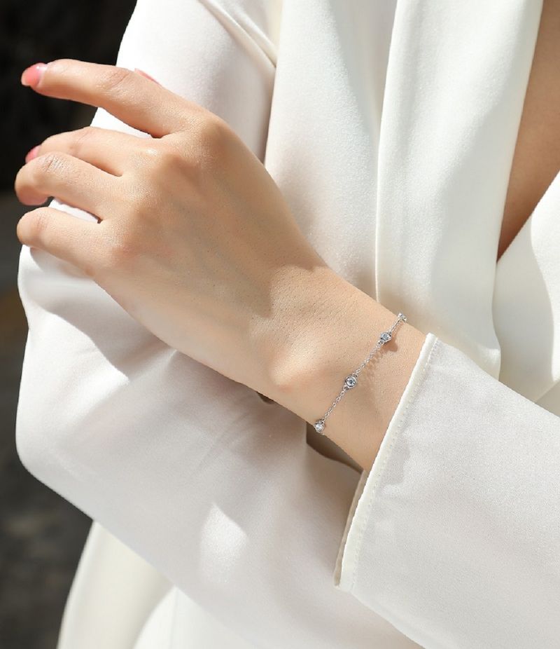 Bracciale da donna elegante con moissanite a bolle in argento sterling placcato in oro bianco 18 carati, colore D-E, taglio rotondo, 16,5 cm_voghion.com