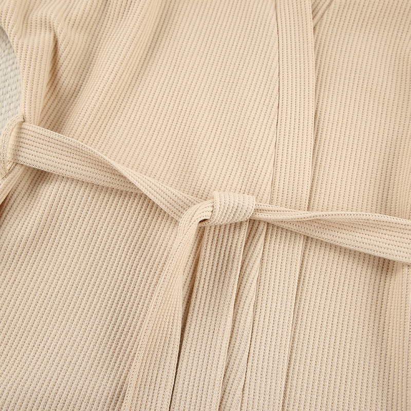 Kadın örme Waffle sıcak pijama bağcıklı uzun kollu pantolon iç çamaşırı üç parçalı rahat ev giyimi_voghion.com