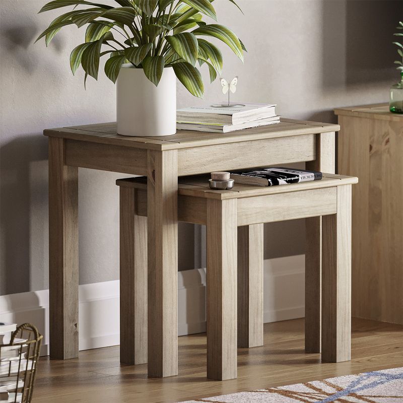 Nest Of Tables Solid Pine Wood Set Of 2 Coffee Side Table Living Room Furniture_voghion.com