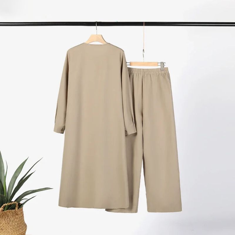 Zweiteiliger Damenanzug, modischer und eleganter, einfarbiger, seitlich geschlitzter, langer Hosenanzug mit weitem Bein_voghion.com