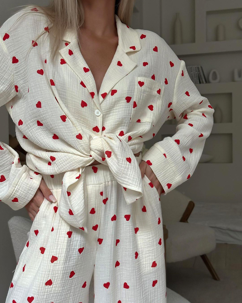 Zweiteiliges Pyjama-Set aus reiner Baumwolle mit Love-Print für Damen, lockere, langärmlige Hosen und Pyjamas_voghion.com