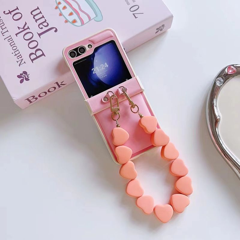 For Samsung Galaxy Z Flip 3 4 5 5G Flip4 Cute Heart Wrist Chain Candy Color Leather Phone Case_voghion.com