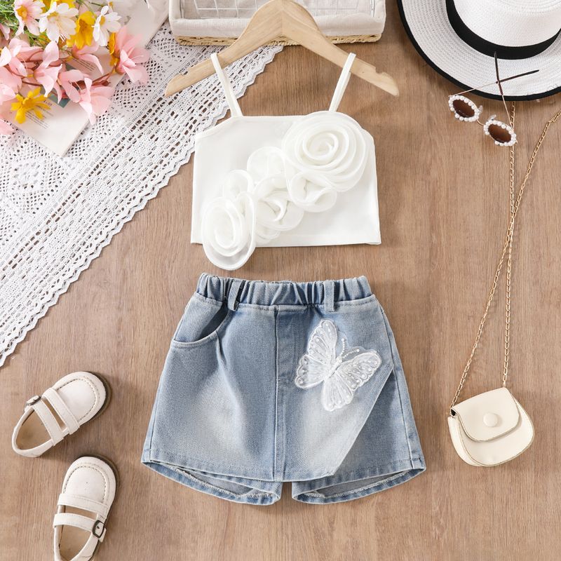Mädchen 2025 Sommer Heißer Verkauf Neue Dreidimensionale Blume Hosenträger T-shirt Schmetterling Denim Shorts Anzug Für Kleine Und Mittlere Kinder_voghion.com