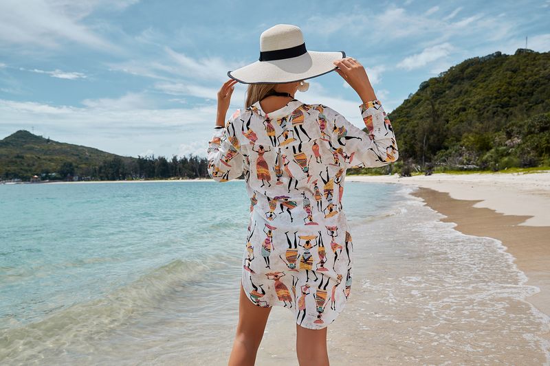 Übergroßes Langarm-Shirt mit Cartoon-Print für Damen, Strand-Überzug, Bikini, Bademode, Sonnenschutz, offene Vorderseite, Bluse_voghion.com
