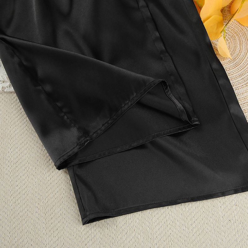 Ensemble pyjama noir texturé en soie pour l'automne et l'hiver, pantalon long et ample à bretelles_voghion.com
