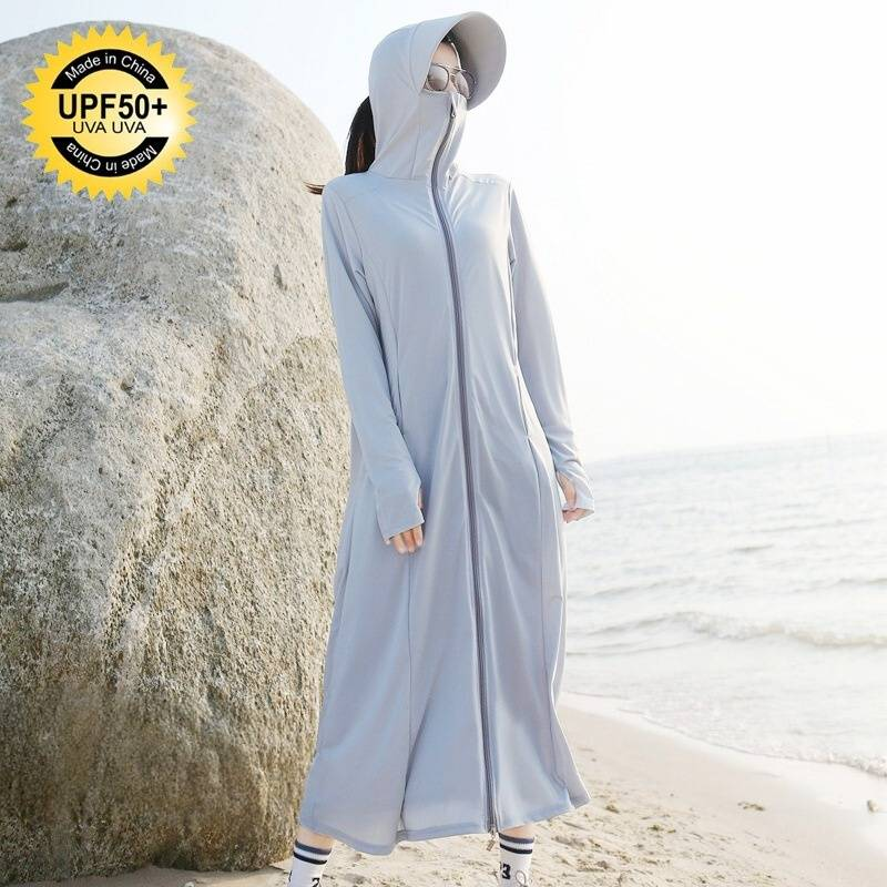Jaqueta feminina de manga comprida com proteção solar - FPS 50+, comprimento de 120 cm, com tecido de seda gelada (92% viscose + 8% elastano), leve e respirável_voghion.com