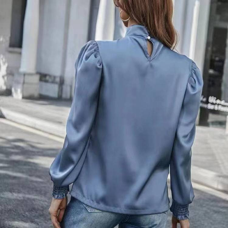 Blusa in raso di seta da donna a maniche lunghe – Elegante dettaglio plissettato, vestibilità ampia, comoda elasticità per lavoro e tempo libero_voghion.com