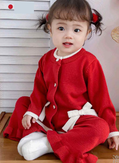Mother & Kids Soft Cotton Baby Girl Outfit 2-Piece Set Cute Cartoon Print Long Sleeve Cardigan & Pants (White, Pink, Gray, Beige, Red, Green)_voghion.com