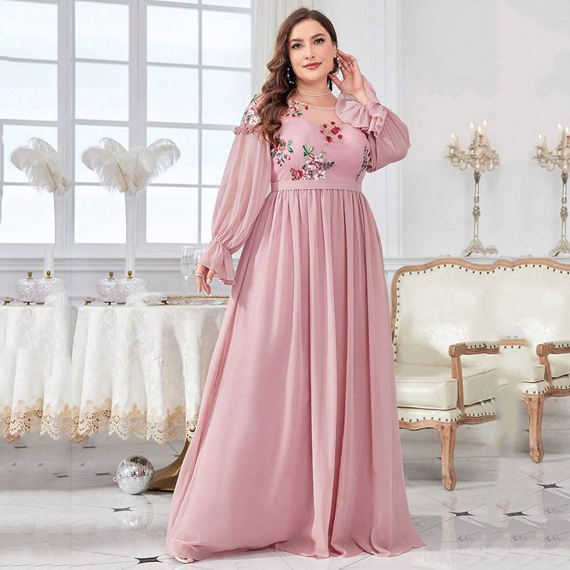 Elegant Pink Maxi Dress With U-Neck & Long Sleeves For Women – Plus Size Formal Evening Gown, Summer Flowy Dress For Special Occasions_voghion.com