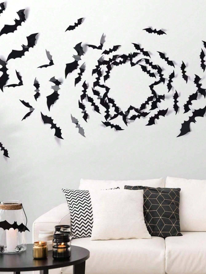 48Pcs/Set Halloween Wall Bat Decor, Black Plastic Bat Stickers For Halloween Room Decor,Waterproof 3D Realistic Bat For Halloween Party Decoration_voghion.com