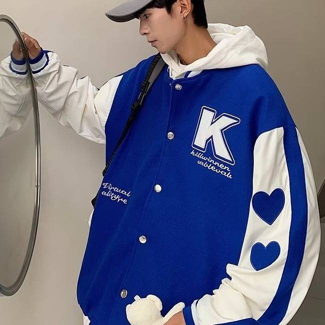 Unisex Teddybär-Baseballjacke – Blau-weißer Color-Block-College-Mantel (M-3XL) – Übergroße Streetwear für Paare für Männer und Frauen_voghion.com