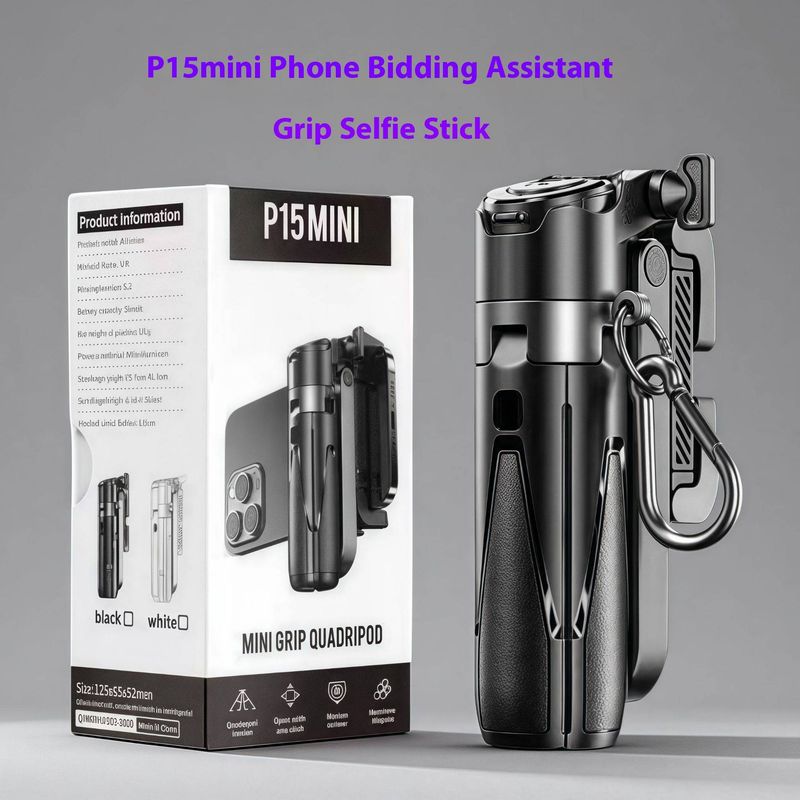 Tripé Mini Selfie Stick P15 com controle remoto Bluetooth e antivibração, suporte compacto para celular para mesa/viagem, luz de preenchimento LED opcional (preto/branco)_voghion.com