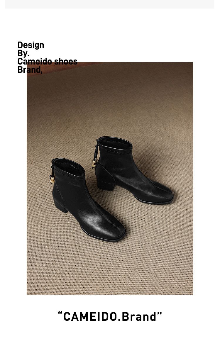 Cameido Women's Square Toe Chunky Heel Short Boots With Beads And Zipper Back Stylish Fashion Boots Medium Heel Slim Boots_voghion.com