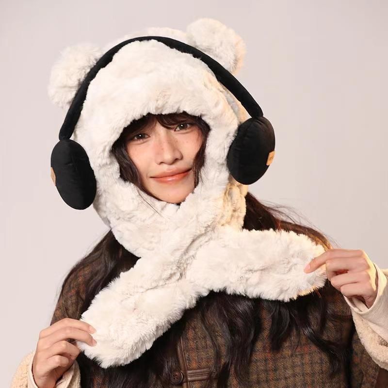 Earphones, bears, women's winter scarves, all in one outdoor cycling warm and cold proof cover, thick plush Lei Feng_voghion.com
