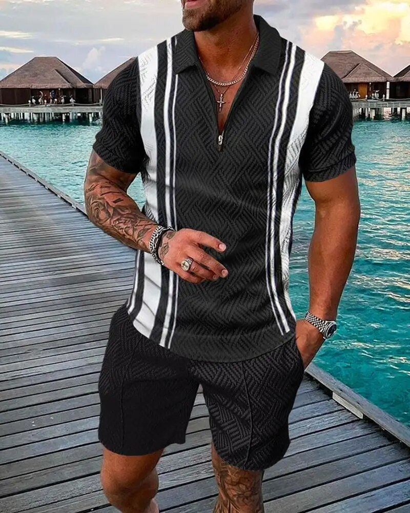 Survêtement d'été élégant pour hommes, ensemble Polo à manches courtes, col rabattu, fermeture éclair, vêtements 2 pièces, tenue décontractée_voghion.com