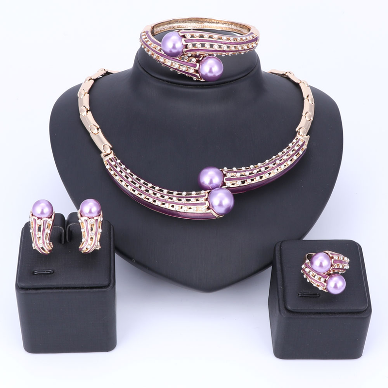 Collar de perlas simuladas de cristal para dama de honor de boda para mujer, pendientes colgantes, brazalete, anillo, conjunto de joyería para disfraz de fiesta_voghion.com