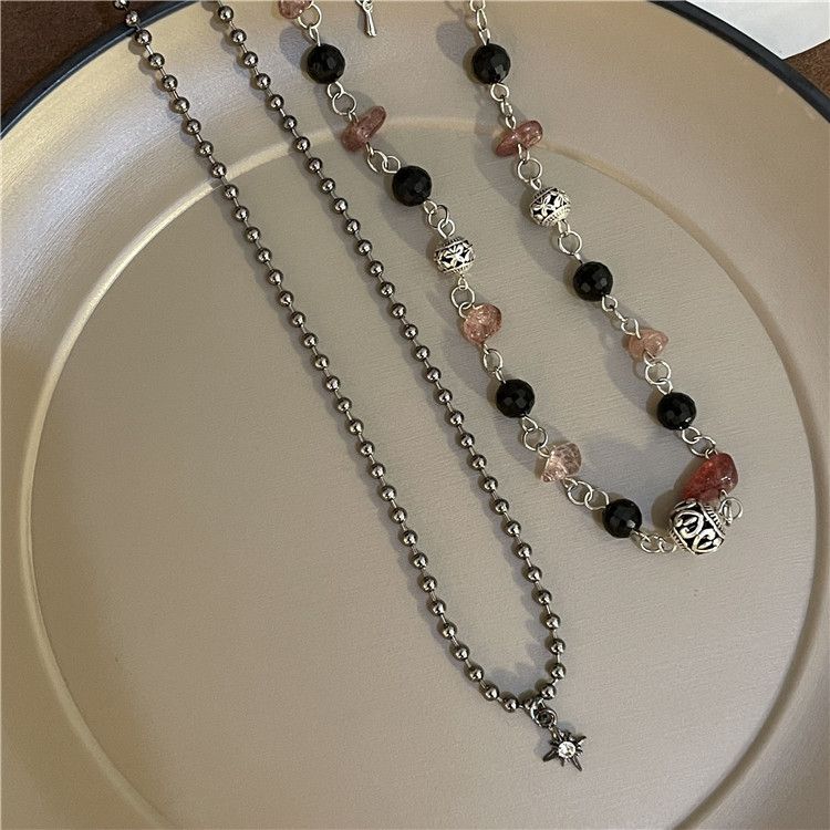 Natural Stone Round Pendant Double Layer Vintage Handmade Necklace For Women Niche Bamboo Joint Clavicle Chain Ethnic_voghion.com