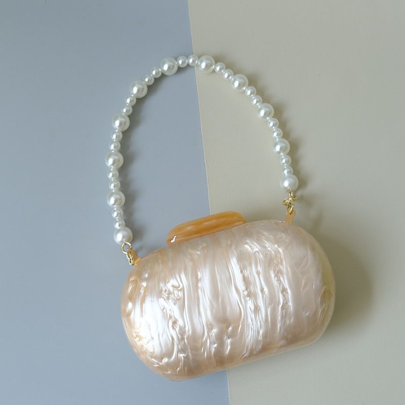 Frauen Neue Reine Weiße Unterarm Tasche Mode Transparent Perle Kette_voghion.com