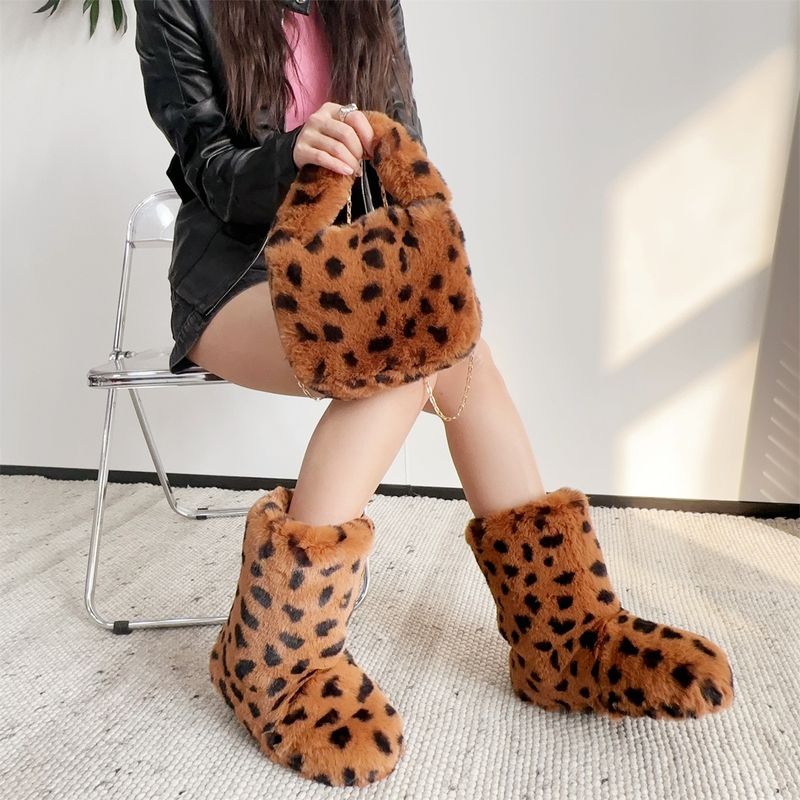 Faux Rabbit Fur Snow Boots For Women, Hot Girl Style Short Boots, Leopard Print Faux Fur Punk Y2k Trendy Cool Style Shoe And Bag Set_voghion.com