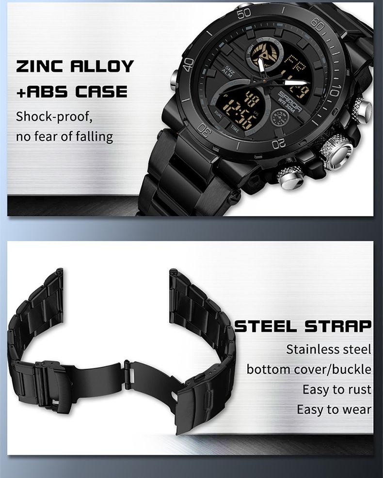 Montre homme en acier inoxydable à double affichage, multifonctionnelle : étanche, rétroéclairage LED, chronomètre, alarme, heure universelle, bracelet en acier inoxydable._voghion.com