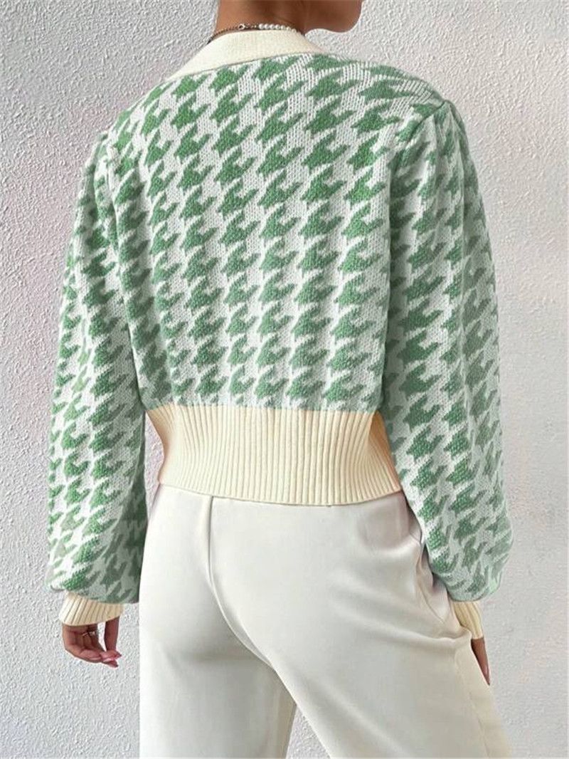 Dameskleding herfst en winter patroon lantaarn mouw gebreide cardigan trui korte jas_voghion.com