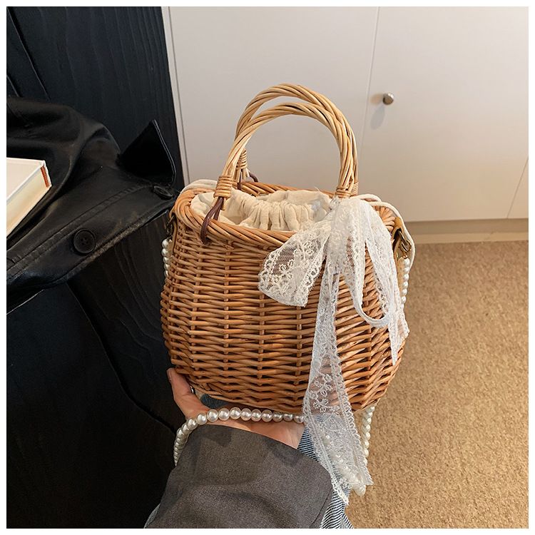Borsa di paglia Borsa intrecciata Borsa da spiaggia Fairy Borsa di paglia per le vacanze Borsa da donna in rattan Borsa a tracolla con catena di perle Intreccio_voghion.com